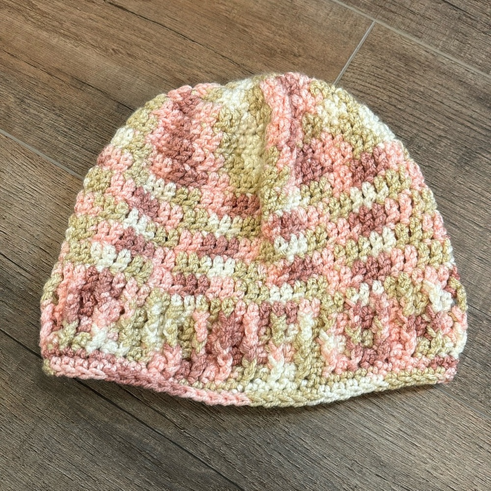 Handmade Child’s Crochet Beanie‎ Hat in Pink & Tan
